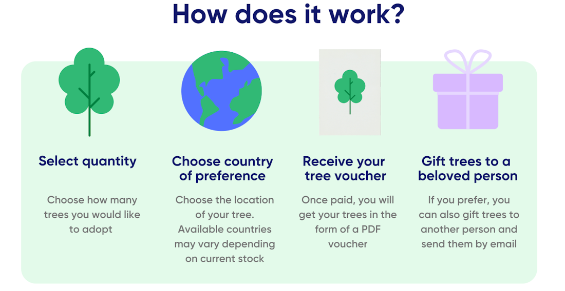 Hoe werkt het: kies het aantal bomen, kies het land van voorkeur, ontvang je boomvoucher, en geef bomen cadeau aan een dierbare.